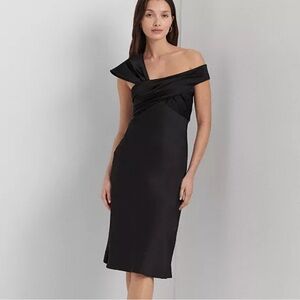 NWT Lauren Ralph Lauren Asymmetric Satin A-Line Dress Knee-Length Women 4 Black